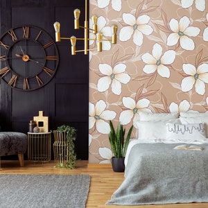 Vintage floral wallpaper, peel and stick removable wallpaper, white flowers, self adhesive wallpaper, floral wall mural, wall decor