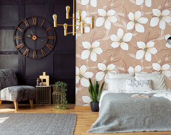 Vintage floral wallpaper, peel and stick removable wallpaper, white flowers, self adhesive wallpaper, floral wall mural, wall decor
