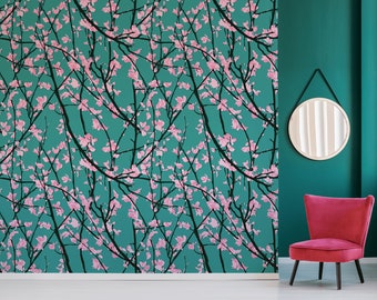 Cherry tree wallpaper, peel and stick wall mural with floral pattern, chinoiserie removable wallpaper, home decor