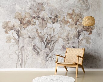 Watercolor grunge wallpaper, floral wall mural, concrete wall, self adhesive, peel and stick, removable or traditional, vinyl wallpaper