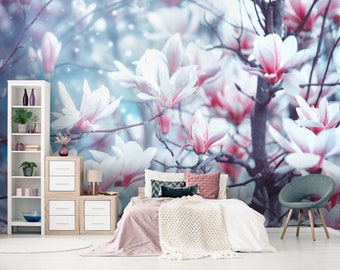 Mural de pared de árbol de magnolia rosa, papel pintado autoadhesivo removible, estampado floral primaveral, papel pintado despegable y pegable, decoración de pared botánica