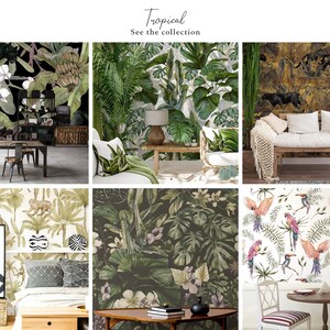 May include: Six different tropical-themed wallpaper designs featuring lush green foliage, exotic flowers, and animals like parrots, toucans, and panthers. The designs are shown in various room settings, including a dining room, living room, and bedroom.