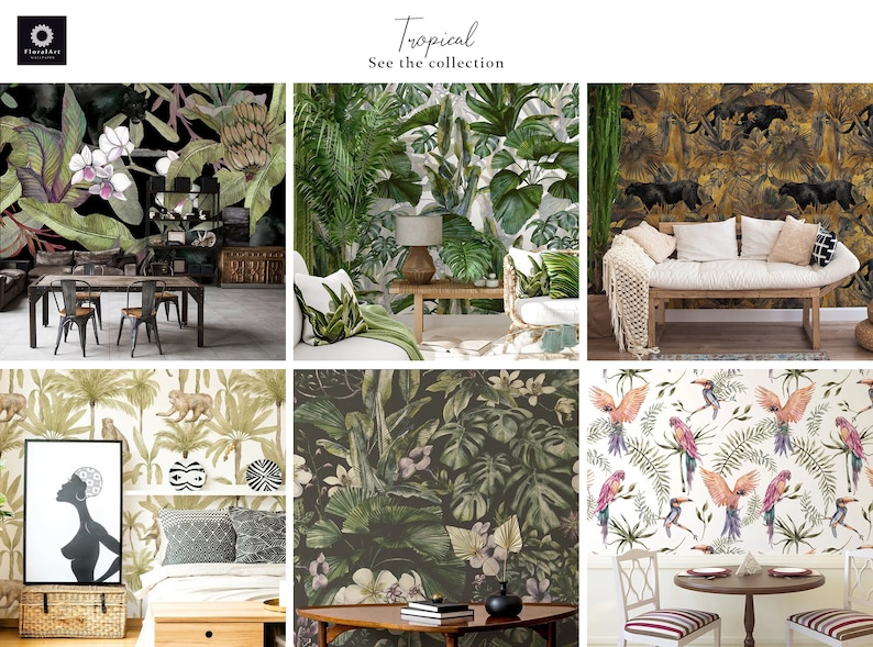 May include: Six different tropical-themed wallpaper designs featuring lush green foliage, exotic flowers, and animals like parrots, toucans, and panthers. The designs are shown in various room settings, including a dining room, living room, and bedroom.