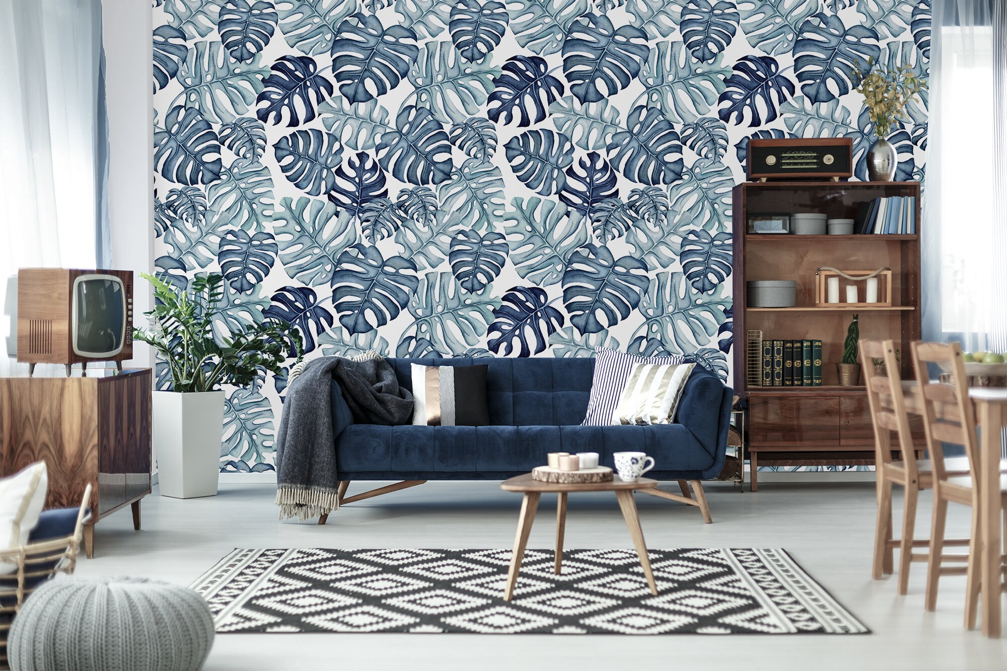 Blue Monstera Wallpaper Peel and Stick Wallpaper Leaf Print Etsy