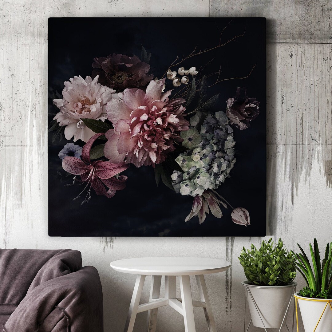 Peony Bouquet Canvas Print, Beautiful Dark Floral Print, Canvas Wall ...