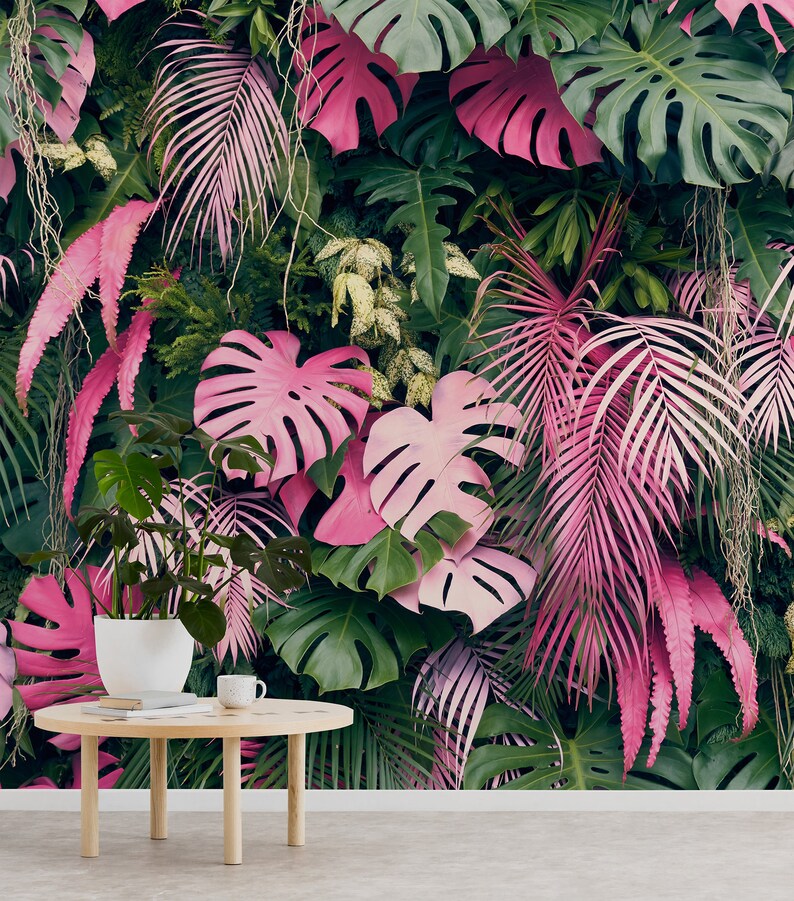 Tropical Wall Mural With Monstera Leaves, Peel and Stick Wallpaper ...