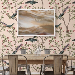 Garden tree wallpaper, self adhesive removable wallpaper, bird floral wall mural, temporary wallpaper, peel and stick wallpaper