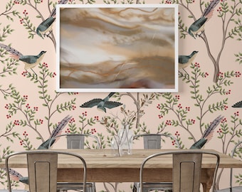 Garden tree wallpaper, self adhesive removable wallpaper, bird floral wall mural, temporary wallpaper, peel and stick wallpaper