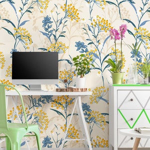 Blau und gelbe Blumentapete, Wiesenblumenmuster, blaue Blätter, selbstklebend, schälen und aufkleben, abnehmbar oder traditionell, Vinyltapete