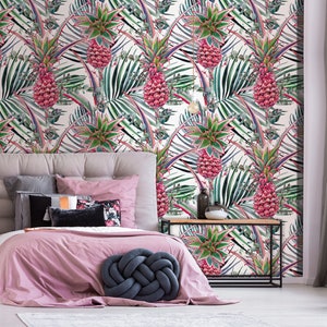 Pink pineapples wallpaper, peel and stick wall mural, tropical watercolor pattern, peel and stick wall mural, temporary wallpaper