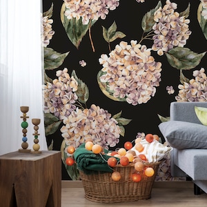 Vintage florale Tapete, weiße Hortensie dunkel florale Schale und Stick Wand Wandbild, selbstklebend, Aquarell abnehmbare Tapete, Wanddeko