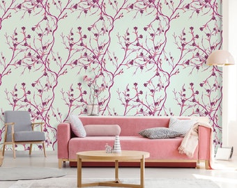 Floral wallpaper with red branches, peel and stick wall mural, removable wallpaper, floral home decor