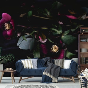 Purple flowers wallpaper, self adhesive removable wallpaper, floral bouquet print, peel and stick wallpaper, floral wall decor