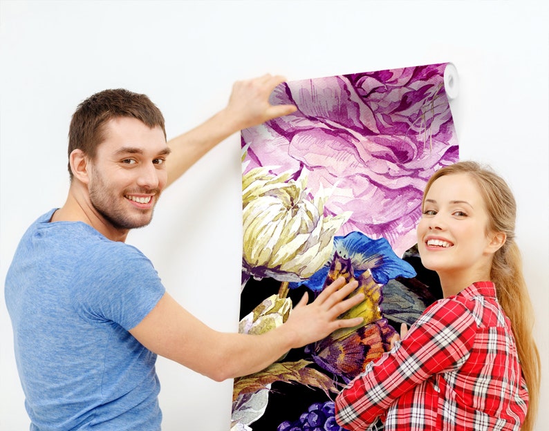 self adhesive wall mural peel and stick removable wallpaper Field flowers dark wallpaper wall decor temporary wallpaper floral bouquet