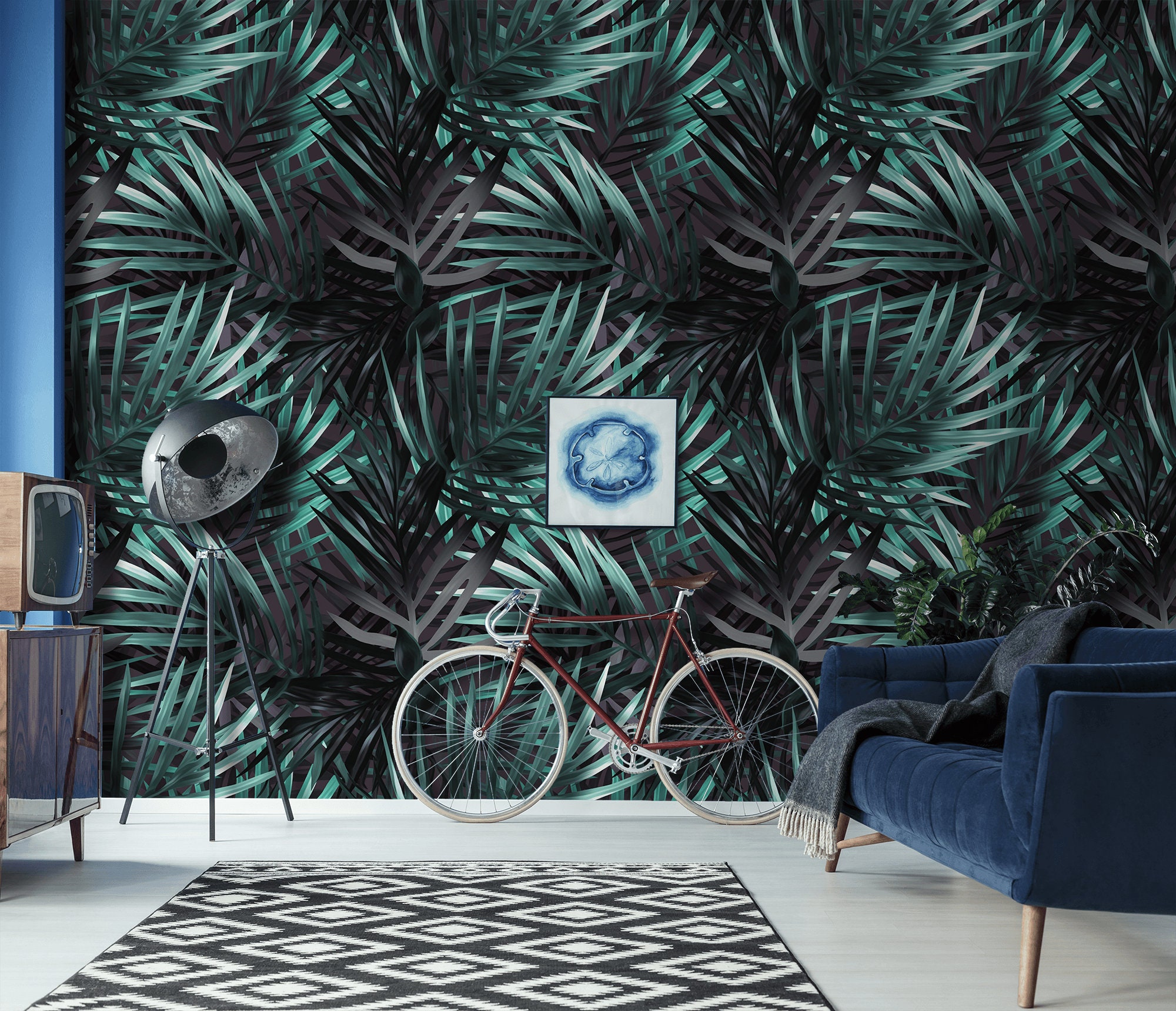 Dark Wallpaper With Palm Leaves, Peel and Stick Wall Mural, Tropical ...