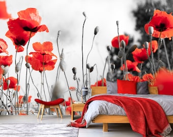 Red popy flower wall mural, self adhesive removable wallpaper, rloral print, peel and stick wallpaper, wall decor