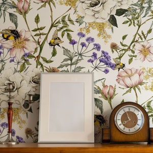 Vintage botanical wallpaper, flowers and bees wallpaper, self adhesive, peel and stick, removable or traditional, vinyl wallpaper