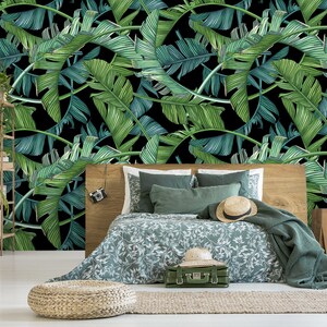 Dark jungle wallpaper, peel and stick wall mural, palm leaf print, self adhesive, temporary removable wallpaper, wallpaper roll, wall decor