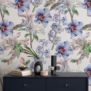 Blue flowers wallpaper, watercolor floral pattern, self adhesive, peel and stick, removable or traditional, vinyl wallpaper