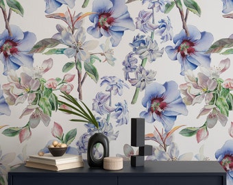 Carta da parati con fiori blu, motivo floreale ad acquerello, autoadesiva, staccabile e attaccabile, rimovibile o tradizionale, carta da parati in vinile