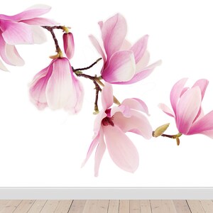 May include: A branch of pink magnolia blossoms with delicate petals and a white center. The flowers are arranged in a graceful curve, creating a soft and romantic image.