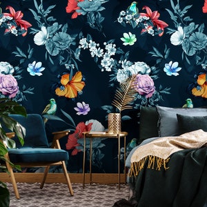 Vintage florale Tapete, Blumen und Vögel auf dunkelblauem Hintergrund, selbstklebend, ablösbar Tapete, Wanddeko