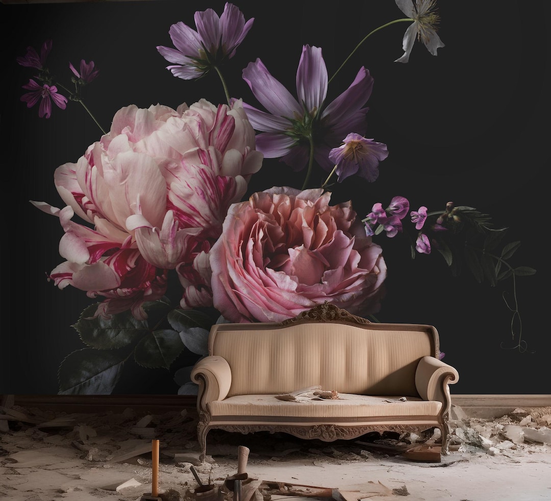 Dark Vintage Floral Wallpaper, Botanical Wall Mural, Self Adhesive ...