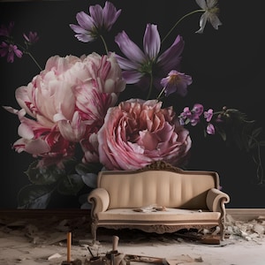 Dark vintage floral wallpaper, botanical wall mural, self adhesive, peel and stick, removable or traditional, vinyl wallpaper