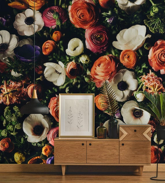 Dark floral wall mural, peel and stick wallpaper, removable wallpaper, floral wall print, self adhesive wall sticker, floral wall decor