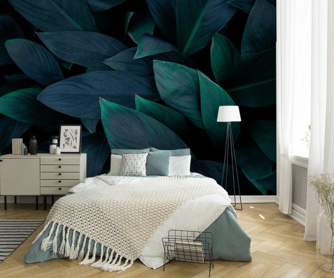 Dark Tropical Wall Mural With Big Green Leaves Peel and Stick - Etsy