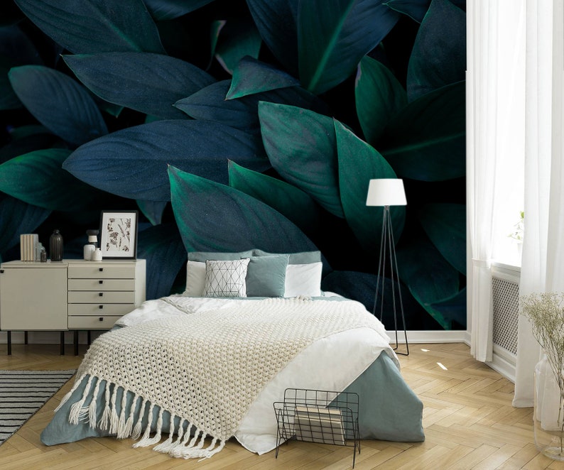 Dark Tropical Wall Mural With Big Green Leaves Peel and Stick - Etsy