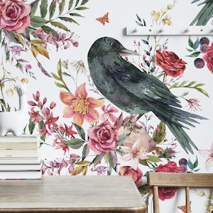 Flowers and ravens wallpaper, peel and stick, floral pattern, bird wallpaper, self adhesive wall mural, chinoiserie, wall art, wall decor
