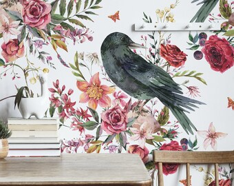 Flowers and ravens wallpaper, peel and stick, floral pattern, bird wallpaper, self adhesive wall mural, chinoiserie, wall art, wall decor