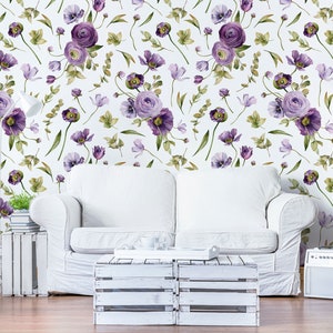 White floral wallpaper with purple flowers, watercolor wallpaper, self adhesive, peel and stick, removable or traditional wallpaper