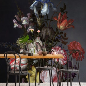 Dutch still life floral wall mural, peel and stick wallpaper, self adhesive floral bouquet wallpaper, retro floral wall decor