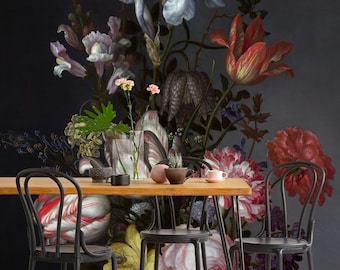 Nederlands stilleven bloemenmuurschildering, plakbehang, zelfklevend bloemenboeketbehang, retro bloemenmuurdecor