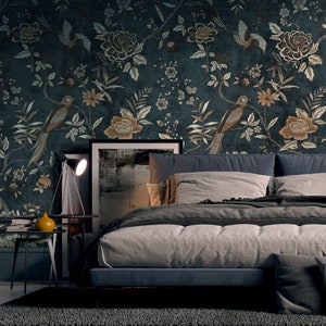 Dunkle Chinoiserien Tapete, dunkle florale Vintage Tapete, selbstklebend, schälen und aufkleben, abnehmbar oder traditionell, Vinyltapete