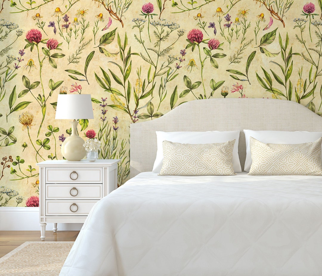Floral Botanical Wallpaper, Meadow Flowers Wall Mural, Self Adhesive ...