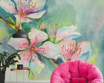 水彩画の花の壁紙、花の植物の壁画、自己接着、剥がして貼る、取り外し可能または従来のビニール壁紙