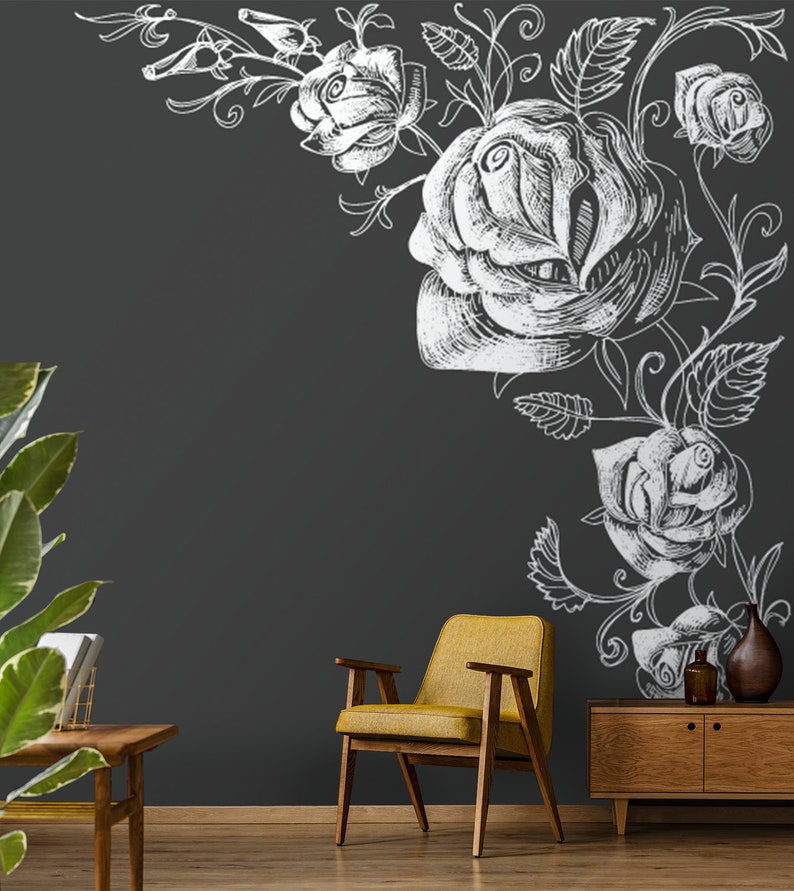 Floral Wallpaper With Hand Drawn Roses, Peel and Stick Wall Mural ...