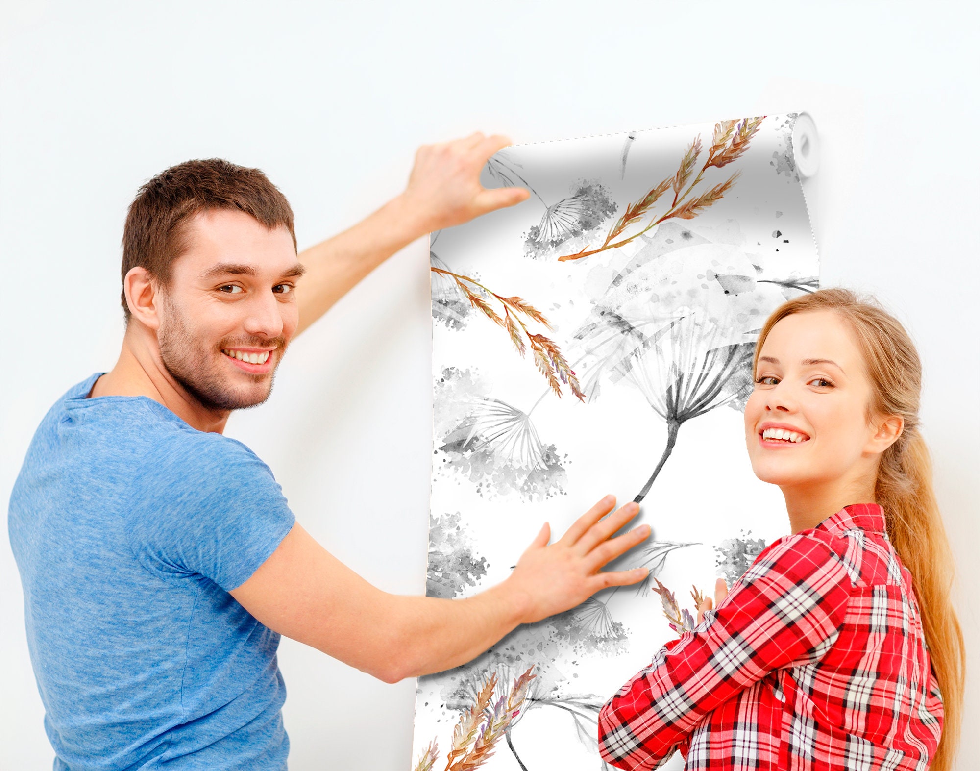 Floral Wallpaper With Watercolor Flowers and Leaves, Peel and Stick ...