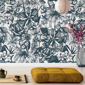 Floral removable wallpaper, peel and stick removable wallpaper, self adhesive wallpaper, flower wall mural, home decor