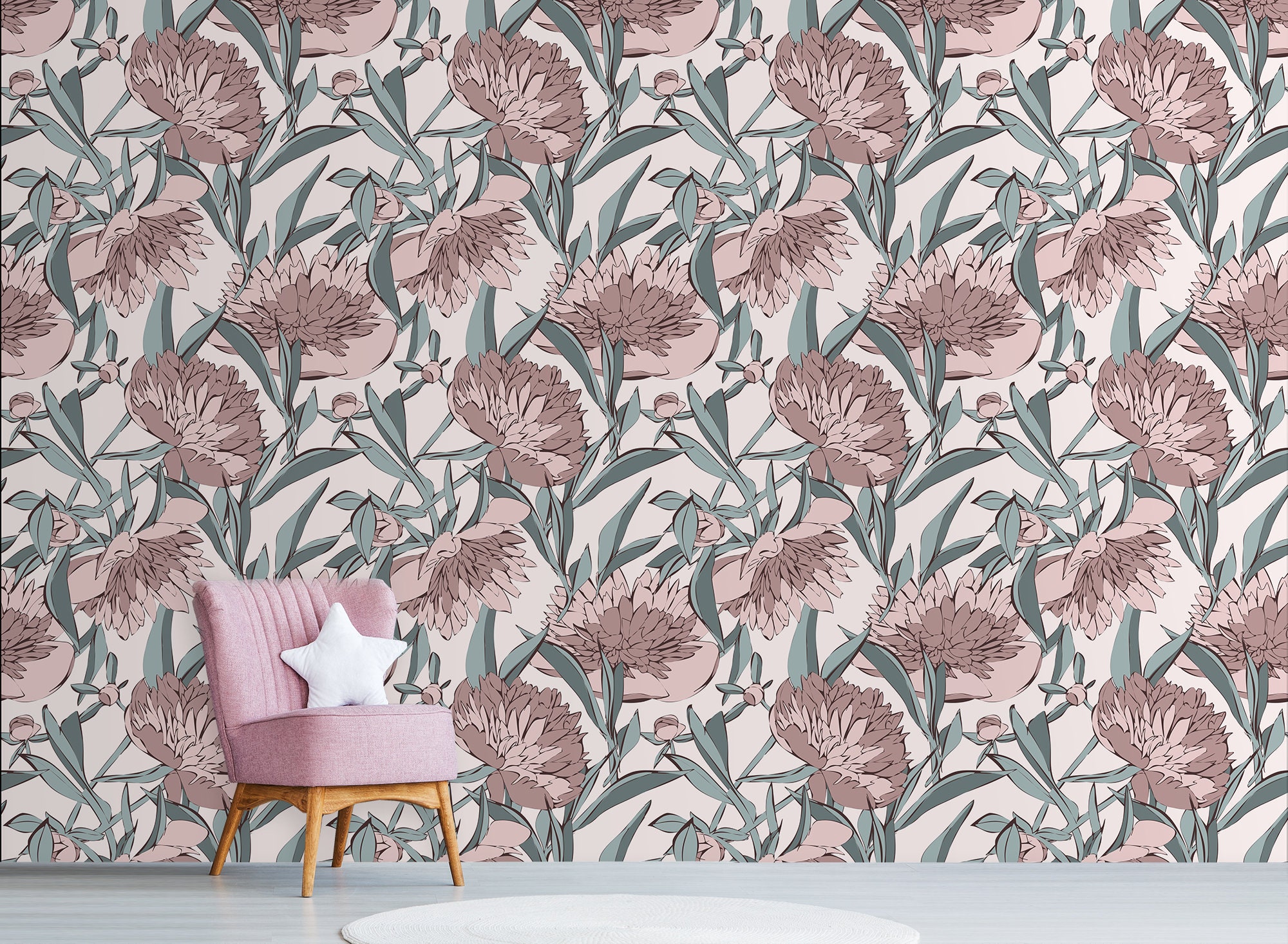 Peony floral wallpaper peel and stick wall mural girl decor | Etsy