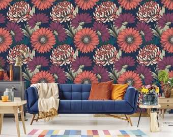 Garden flowers wallpaper, peel and stick wall mural, elegant floral wall decor, flower wall art, temporary removable wallpaper