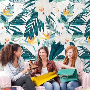 Tropical wallpaper with exotic plants, peel and stick wall mural, removable temporary wallpaper, floral home decor