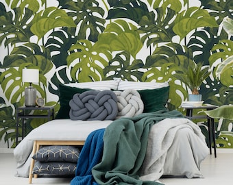 Tropical wallpaper with watercolor monstera leaves, peel and stick wall mural, removable wallpaper, floral home decor