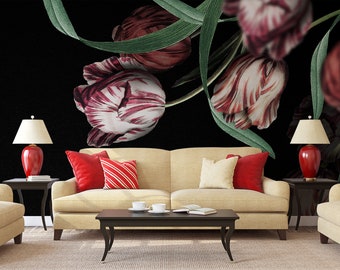 Vintage dark wall mural with tulips, self adhesive floral removable wallpaper, peel and stick temporary wallpaper, floral wall decor
