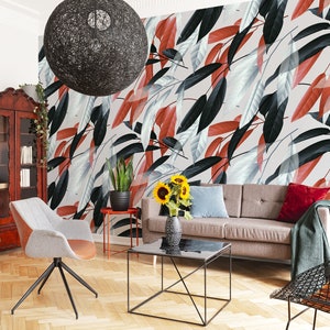 Autumn leaf wallpaper, peel and stick wall mural, removable tropical wallpaper, exotic wall print, home decor