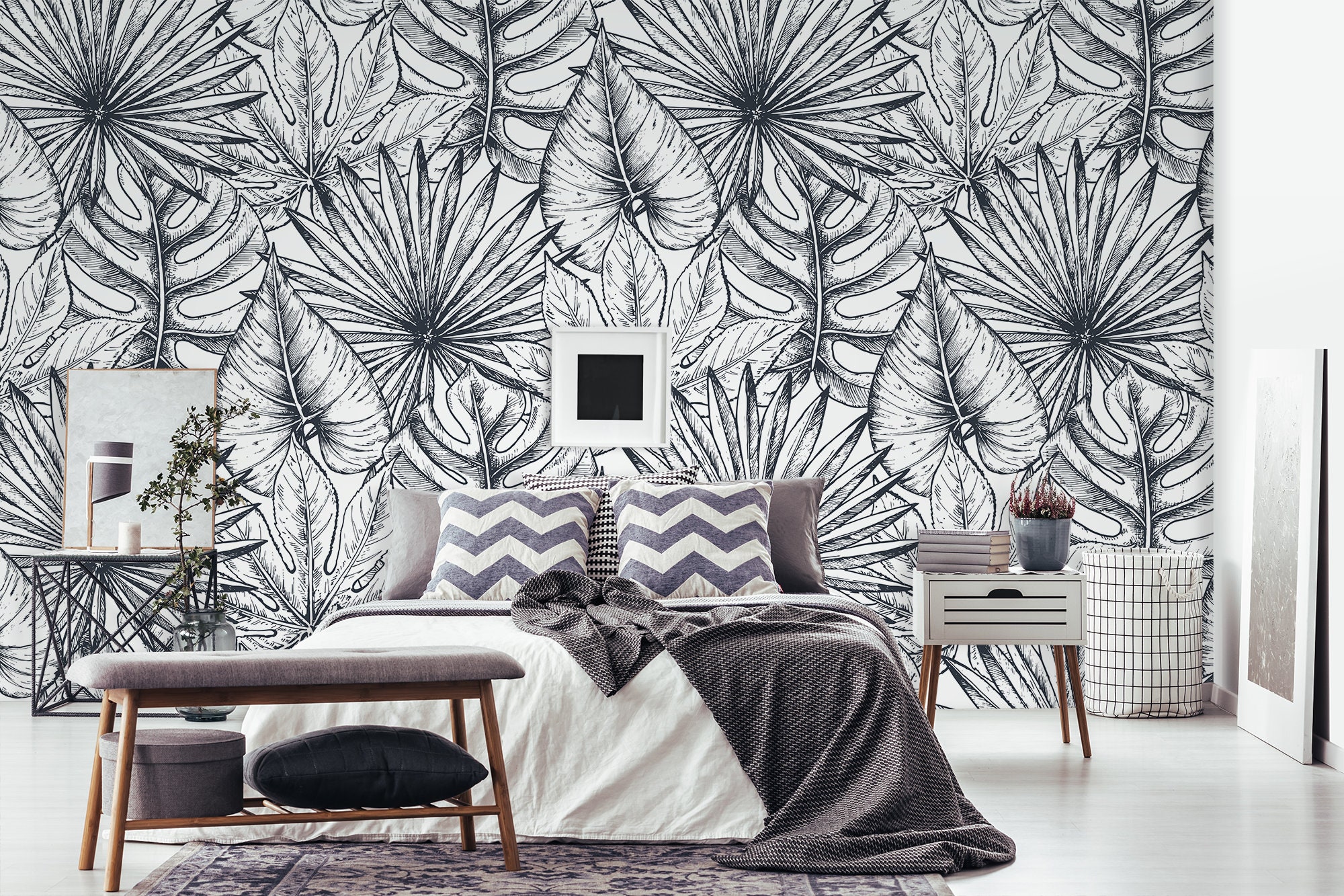 Monochrome leaves wallpaper peel and stick wall mural black | Etsy