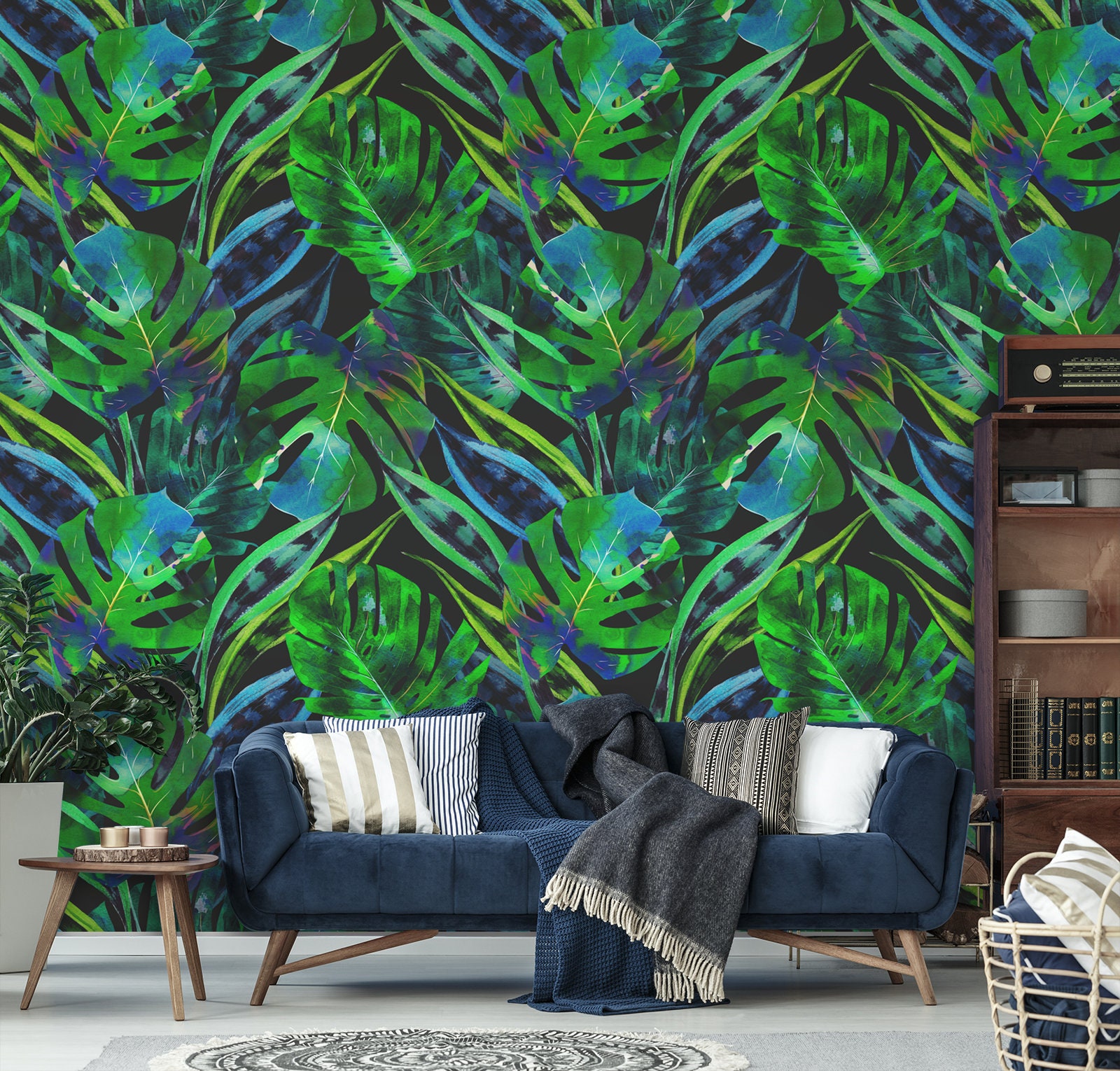 Papier peint vert jungle, peinture murale pelable et bâton, papier peint  tropical temporaire, décor mural feuille de palmier, décoration intérieure  -  France